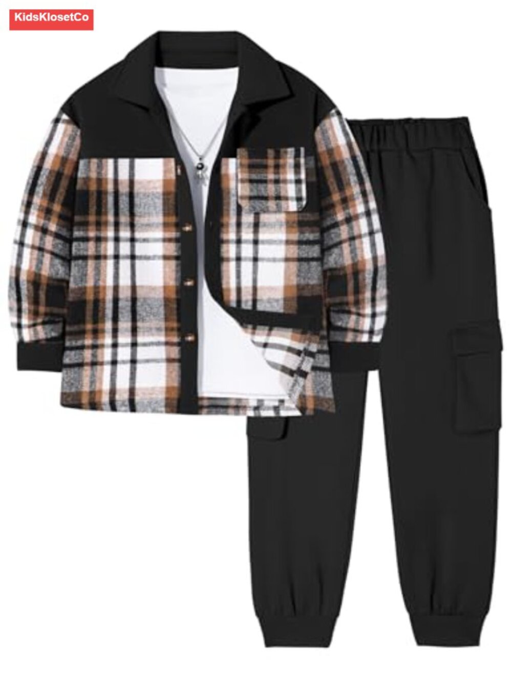 Boys Plaid Shirt & Pocket Sweatpants 2-Piece Set Fall Winter Outfits 6-14